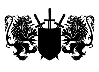 Wall Mural - Two black lions with shield and swords on white background.