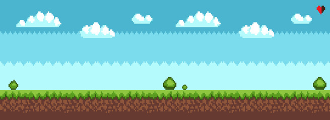 Poster - Tree and bush pixel style vector illustration landscape with sky grass and ground. Green plants for 2D game decor, vector tree bush greenery elements