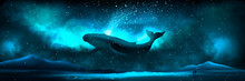 The Depths Of The Sun Through The Water, The Underwater World, The Sea Floor. Sea Fantasy, Big Whale, Sperm Whale, The Silhouette Of A Man By The Sea. Night View.
