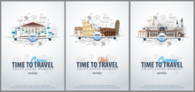 Travel To Greece, Italy And Germany. Time To Travel. Banner With Airplane And Hand-draw Doodles On The Background. Vector Illustration.