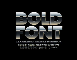 Poster - Vector Silver Bold Font. Steel Alphabet Letters, Numbers and Symbols. 