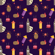 Bonfire Night (Guy Fawkes Day) Pattern Contains The Following Elements: House Of Parlament, Guy Fawkes Mask, Barrel Of Gunpowder, Bonfire, Firecrackers, Toffee Apples On The Purple Background