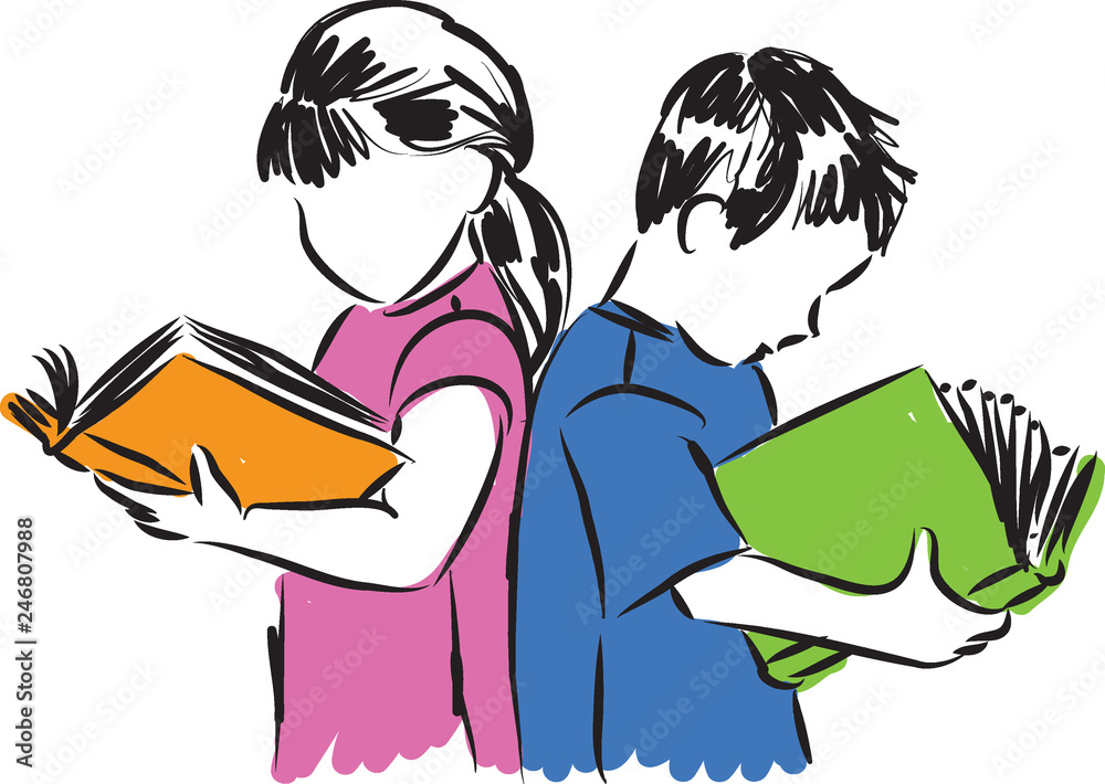 children boy and girl reading books illustration Stock Vector | Adobe Stock
