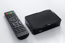 Iptv Box And Remote Controller. Modern Multimedia Device For Viewing Television Via The Internet, Multimedia Player And Control Panel.