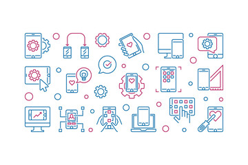 Poster - mobile application development vector creative linear illustration. app development concept outline 