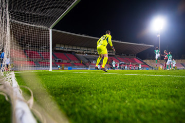 Soccer, football Goalkeeper catches the ball . At the stadium, in the spotlight