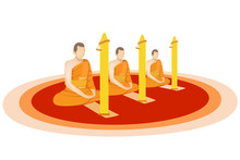 Buddhist Monks Sitting Meditation Front Of Large Yellow Candle In The Buddhist Lent Day