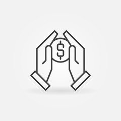 Hands holding coin vector icon or symbol in thin line style