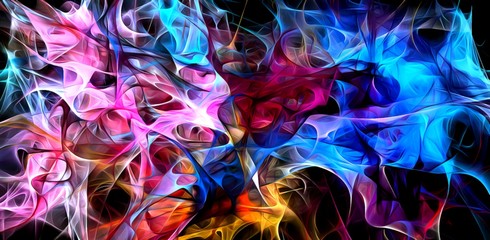 Abstract electrifying lines, smoky fractal pattern, digital illustration art work of rendering chaotic dark background.