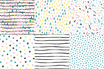 Hand drawn cute kids abstract seamless pattern set. Rustic, boho simple colorful background. Cartoon illustration