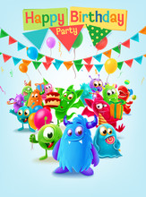 Happy Birthday Illustration With Cute Monster