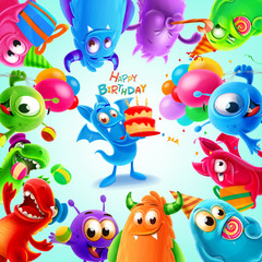 Wall Mural - happy birthday illustration with cute monster