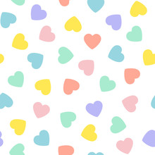 Valentine's Day Candy Hearts Seamless Vector Pattern Tile. Pastel Rainbow Conversation Hearts Background. Repeating Pattern Tile Swatch Included.