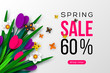 Spring sale banner with paper cut tulips, narcissus and butterfly. Template for banners, flyers, posters, brochures, voucher discount. Vector illustration.