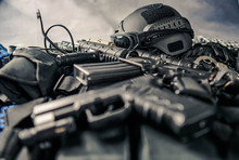 Military Equipman And Weapons Close Up Shooting