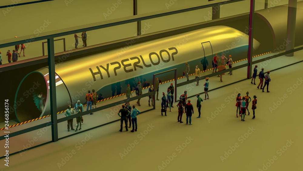 Stazione dei treni e Hyperloop. Passeggeri in attesa del treno. Tecnologia futuribile per il trasporto ad alta velocità di merci e passeggeri all'interno di tubi a bassa pressione. 3d rendering - obrazy, fototapety, plakaty 