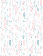 Wall Mural - Lovely Delicate Hand Drawn Floral Vector Pattern. White Background. Pastel Pink and Light Blue Colors. Infantile Style Flowers, Leaves and Twigs. Cute Repeatable Design.