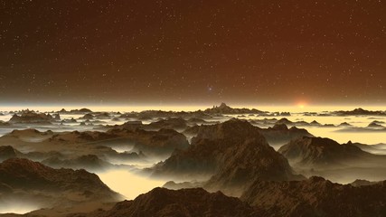 Wall Mural - Alien Moon and Nebula. The camera flies over the mountains and misty lowlands. One can see sunset, a bright nebula in the starry sky and a large planet (moon) above the horizon.