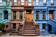 A View Of A Row Of Historic Brownstones In An Iconic Neighborhood Of Manhattan, New York City