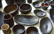 ceramic bowls for drinks and food close-up. Ceramic ware made by own hands. Vintage process.