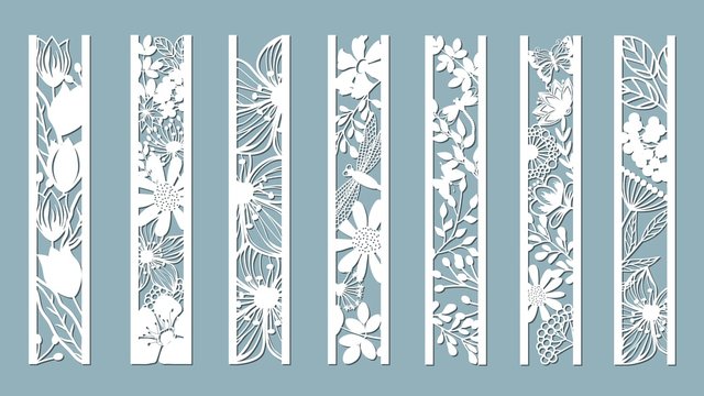 panels with floral pattern. flowers and leaves. laser cut. set of bookmarks templates. image for las