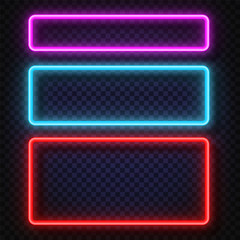 Poster - Neon light banners set. Vector Neon light frame sign. Realistic glowing neon frames isolated on transparent background. Shining and glowing neon effect. Plates with a place for inscriptions