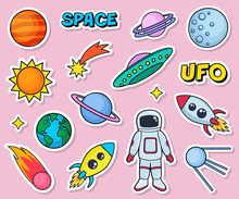 Cute Patches Set With Space Cosmonaut Planets Sun Earth Rockets Spaceships Moon Ufo Comet Satellite And Stars On Pink Background. Fashion Stickers, Cartoon 80s-90s Style. Vector Illustration