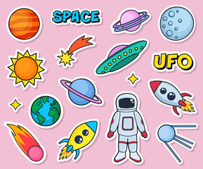 cute patches set with space cosmonaut planets sun earth rockets spaceships moon ufo comet satellite 
