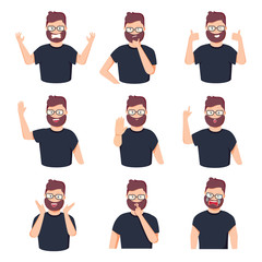 Set of different emotions male character. Handsome man emoji with various facial expressions. Vector illustration