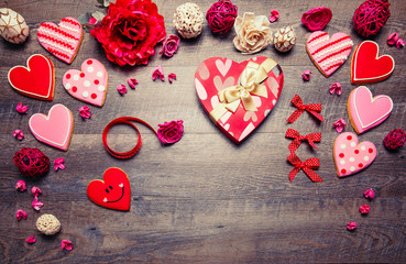 Heart shaped cookies on a rustic wood background for Saint Valentine's Day. Valentines Day background