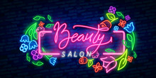 Beauty Salon Neon Sign Vector. Beauty Salon Design Template Neon Sign, Light Banner, Neon Signboard, Nightly Bright Advertising, Light Inscription. Vector Illustration. Editing Text Neon Sign