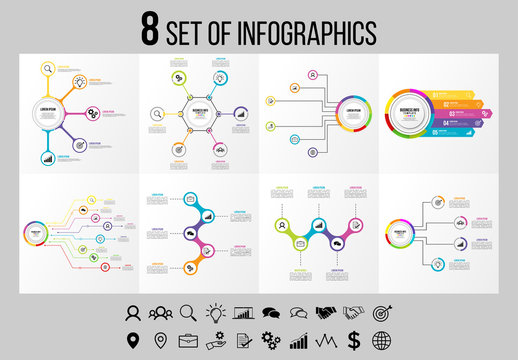 Set 8 Of Infographics Elements Vector Design Template. Business Data Visualization Infographics Timeline with Marketing Icons most useful can be used for workflow, presentation, diagrams, reports