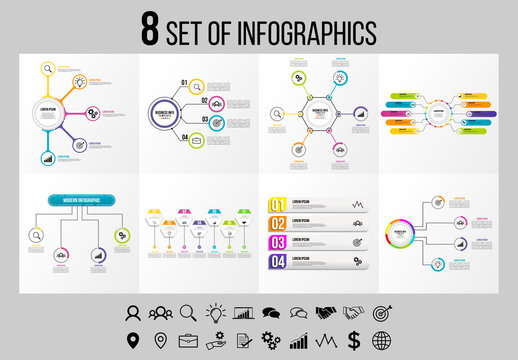 Set 8 Of Infographics Elements Vector Design Template. Business Data Visualization Infographics Timeline with Marketing Icons most useful can be used for workflow, presentation, diagrams, reports