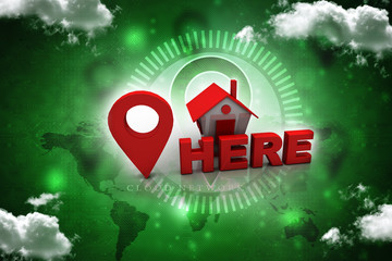 Poster - 3d illustration Search for Property. A Map with Large Red GPS Pointer near home