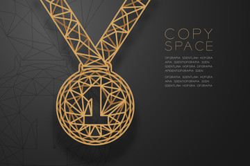 Medal number one shape shape wireframe polygon golden frame structure, Sport winner concept design illustration isolated on black gradient background with copy space, vector eps 10