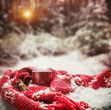 Red Cup With Hot Drink Stands Wrapped With Warm Scarf On Snow In Winter Forest