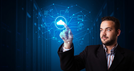 Poster - Man touching hologram projection displaying cloud system 
