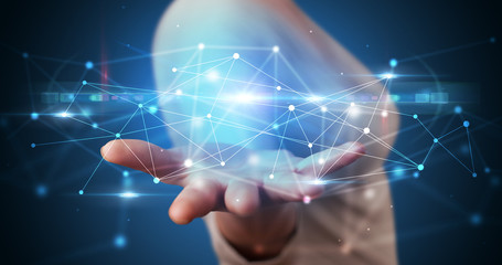 Aufkleber - Handsome person holding hologram screen displaying modern cloud based web system technology
