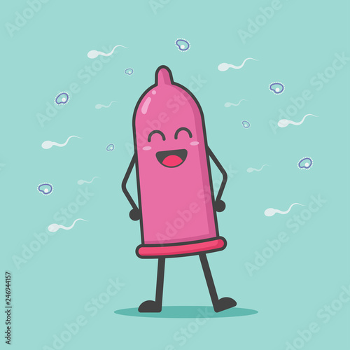 Fotografía Illustration of cute and kawaii condom mascot charactor surrounded by sperm, disease, bacteria and virus