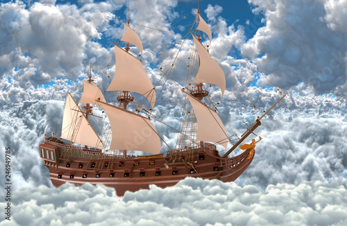 Sailboat flying above the clouds 3d illustration