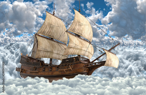 Sailboat flying above the clouds 3d illustration