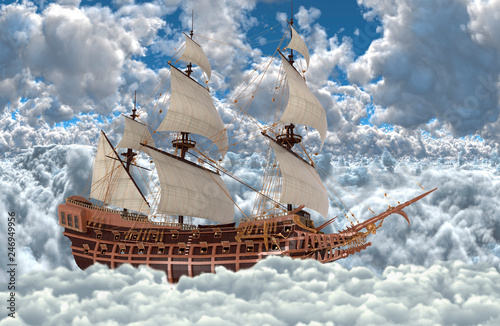 Sailboat flying above the clouds 3d illustration