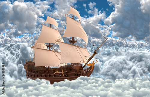 Sailboat flying above the clouds 3d illustration