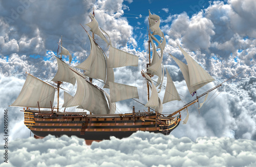 Sailboat flying above the clouds 3d illustration
