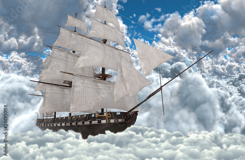 Sailboat flying above the clouds 3d illustration