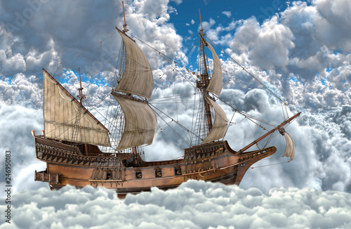 Sailboat flying above the clouds 3d illustration