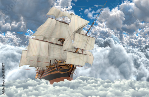 Sailboat flying above the clouds 3d illustration