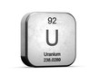 Uranium element from the periodic table series. Metallic icon set 3D rendered on white background
