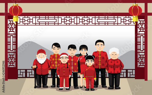 Chinese Family Standing Vacation New Year Costume Cartoon Vector Illustration