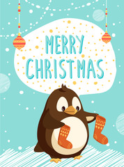 Wall Mural - Merry Christmas card and penguin with knitted socks. Bird and stockings, knitwear and Xmas tree decorations. Winter holiday and Arctic animal vector